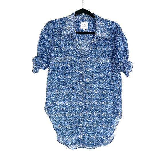 Misa Los Angeles Lara High Low Blue Printed Chiffon Button Down Top SMALL - Picture 3 of 8
